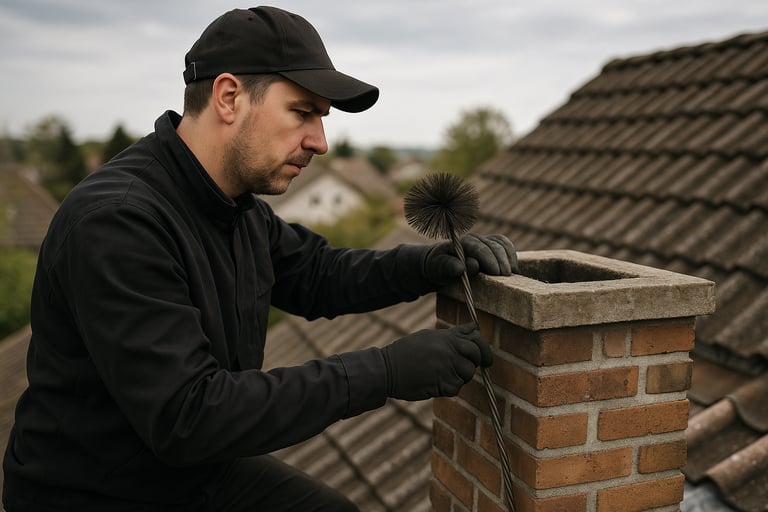 Professional chimney sweep working on a rooftop chimney with specialized cleaning tools, demonstrating careful attention to detail and cleanliness