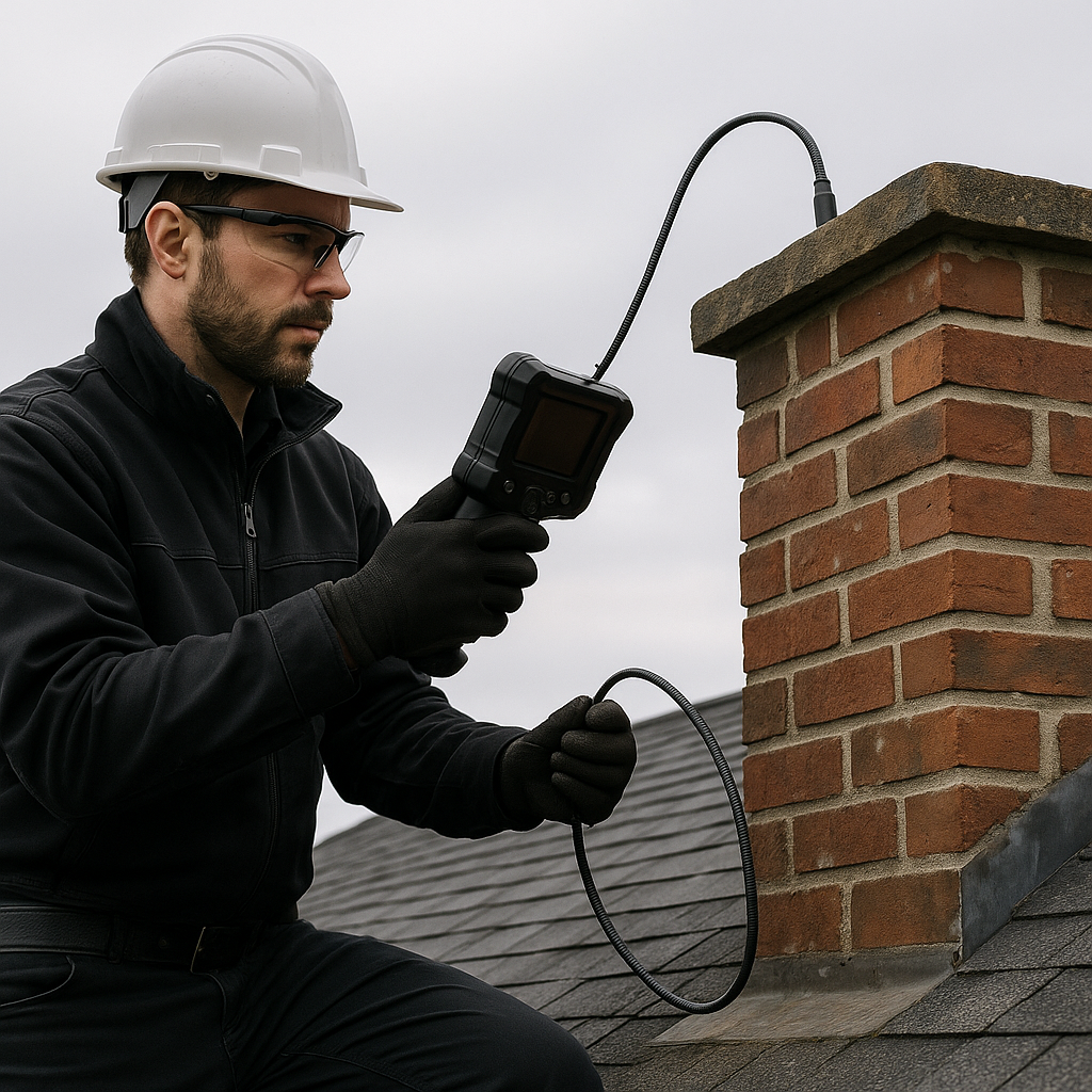 Professional chimney inspector examining a chimney with specialized equipment, demonstrating a thorough safety inspection